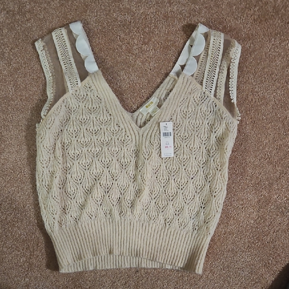 Anthropologie Lace Knit Sleeveless Top - Cream